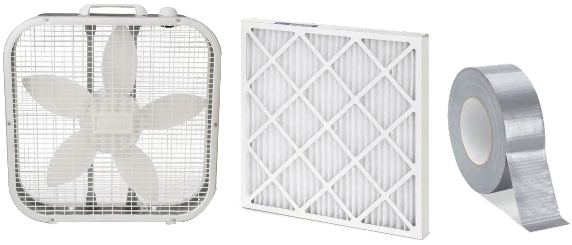 box fan, filter and duct tape used for creating a do-it-yourself box fan filter