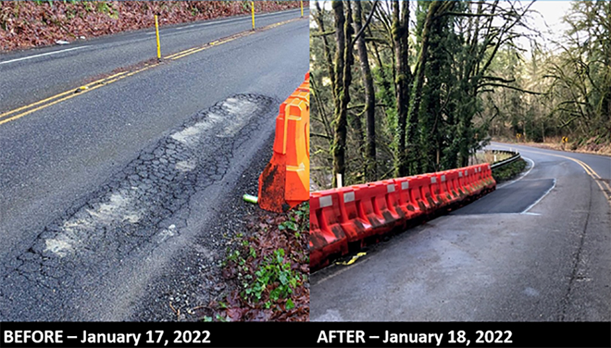 Before and after photo of damaged asphalt caused by significant ice followed by rain during the recent winter storm.