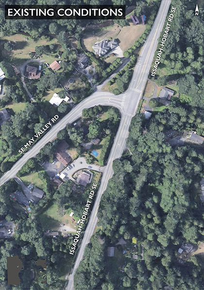 Graphic of existing conditions at Issaquah-Hobart Road SE and SE May Valley Road intersection 