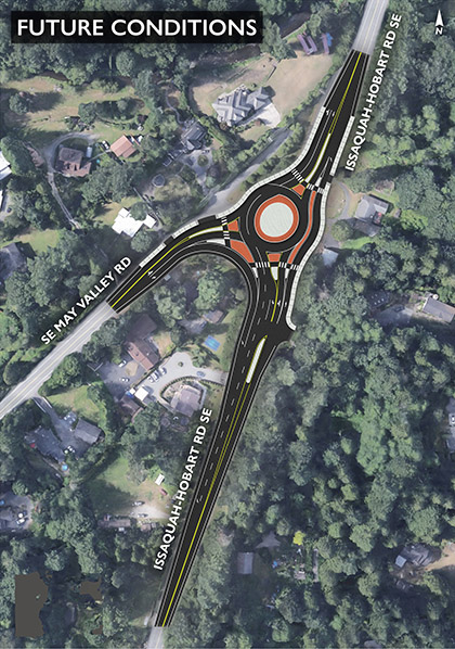 Graphic of future conditions at Issaquah-Hobart Road SE and SE May Valley Road intersection 