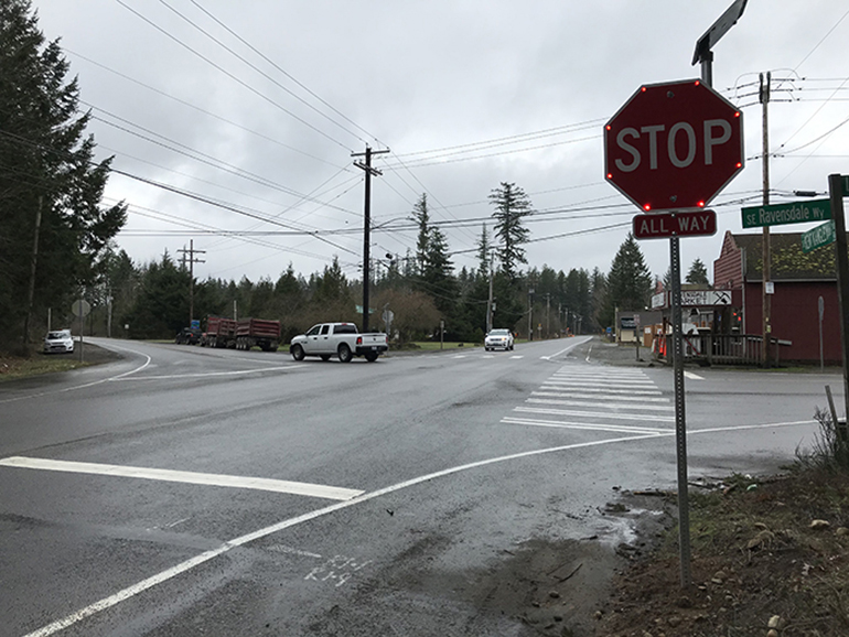 LED stop sign lights installed in spring 2021 to address safety concerns at SE Kent-Kangley Road and Landsburg Road SE/SE Ravensdale Way. 