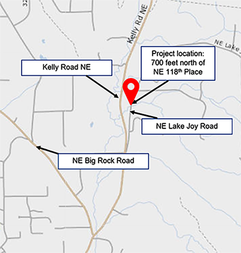 Project description This project replaced an existing 4-foot-round diameter underground metal pipe culvert with a new, 14-foot-wide, eight-foot-high concrete box culvert. The previous corrugated metal culvert was rusted and had outlived its useful life. The larger concrete culvert helps prevent flooding and improves fish passage under NE Lake Joy Road by simulating natural stream conditions.