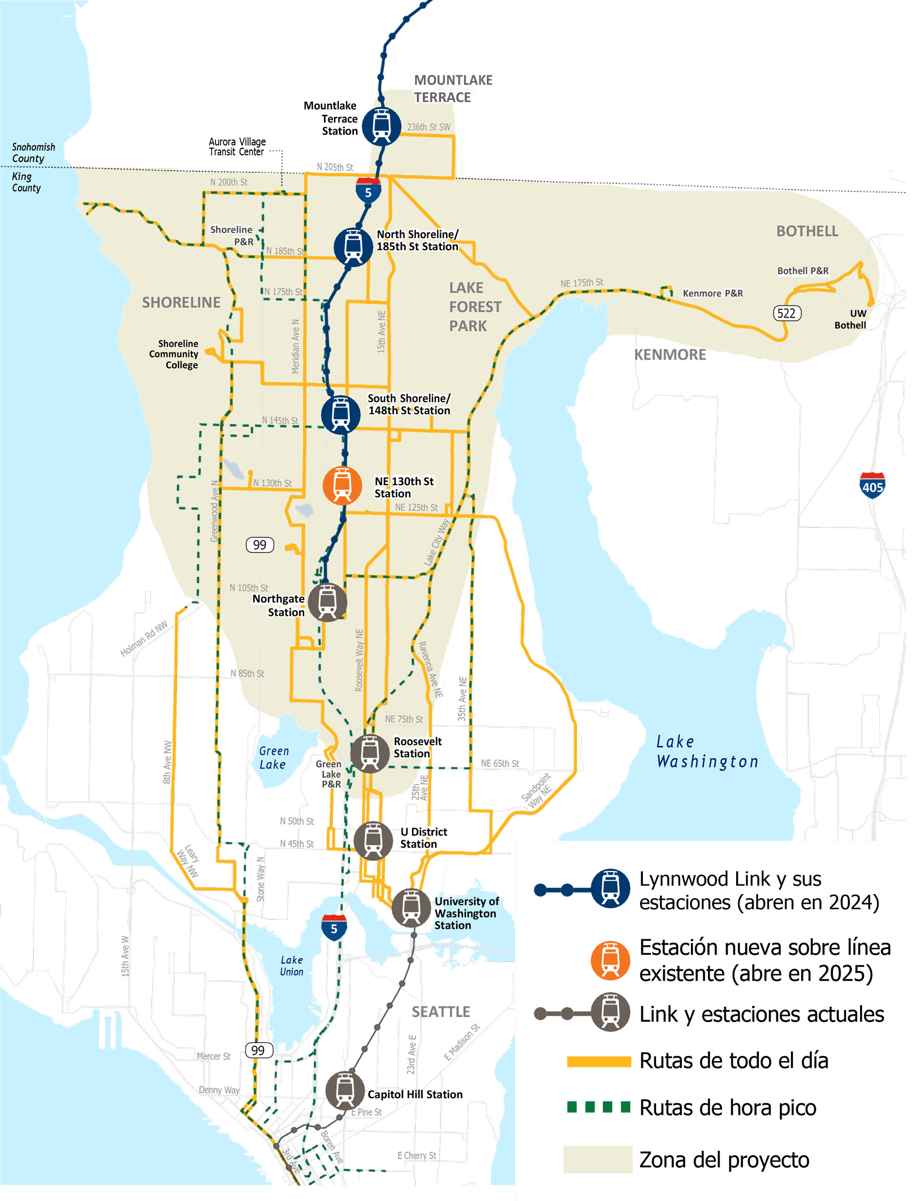 Lynnwood Link Connections current Network Area Map - Spanish