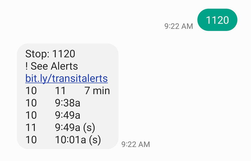 TEXT 1120 for the next departures at stop number 1120 on westbound Pine Street just west of 4th Ave in downtown Seattle.
