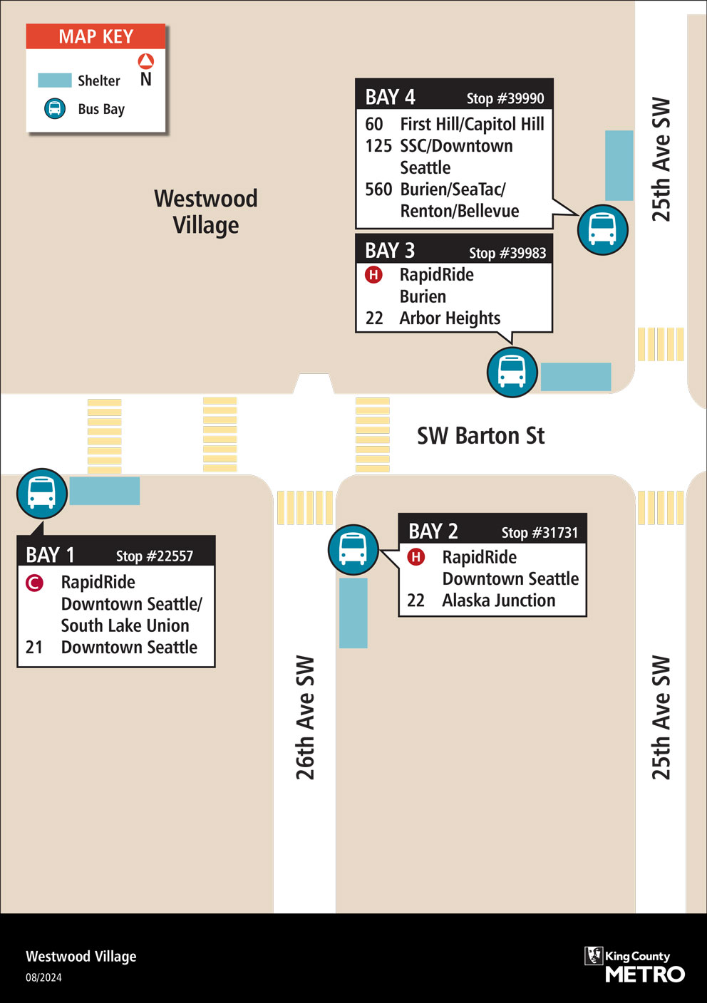 Map showing Westwood Village boarding locations